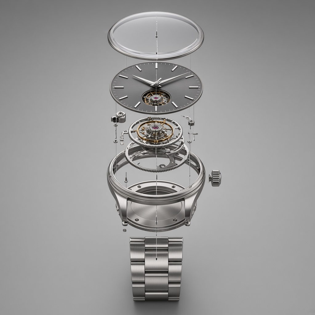 a mechanical wristwatch after /explodedview
