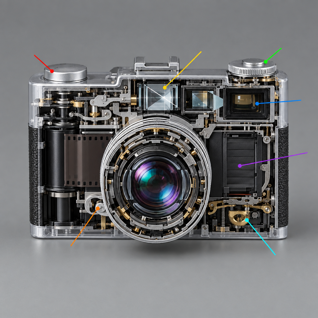a vintage rangefinder camera after /inside