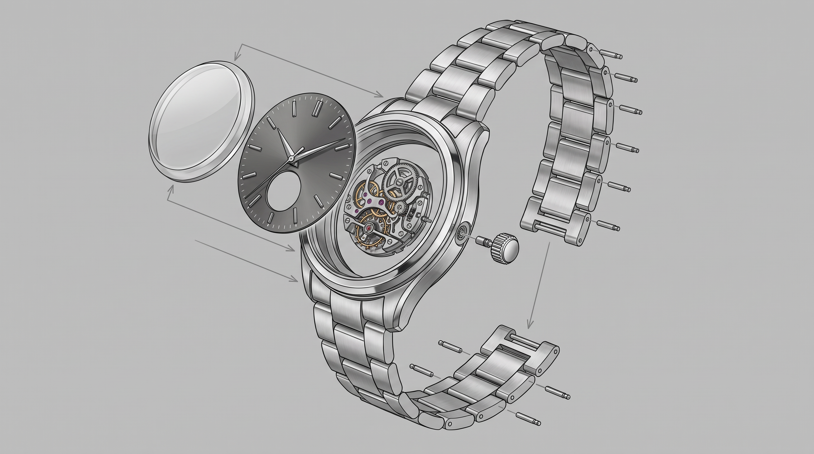 a mechanical wristwatch after /explodedview